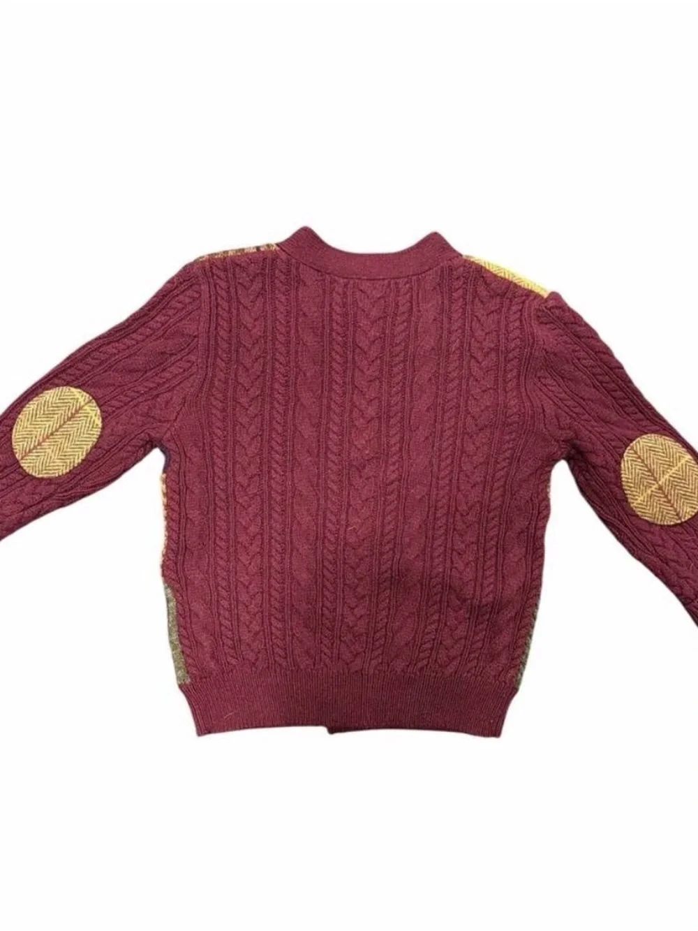 Ralph Lauren Burgundy Patchwork Cable-Knit Cardigan with Sheep Motif